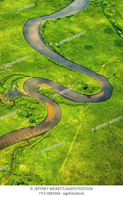 Aerial view of the meandering Pere Marquette River near its mouth, Michigan, USA