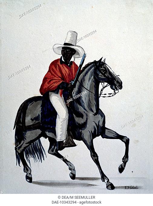 Montanaro on horseback armed with a shotgun, drawing by Vidal. Peru, 19th century.  Lima, Biblioteca Nacional (National Library)