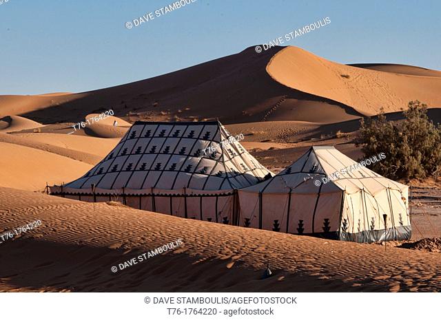 tents at a luxury desert camp in the Sahara at Erg Chigaga, Morocco
