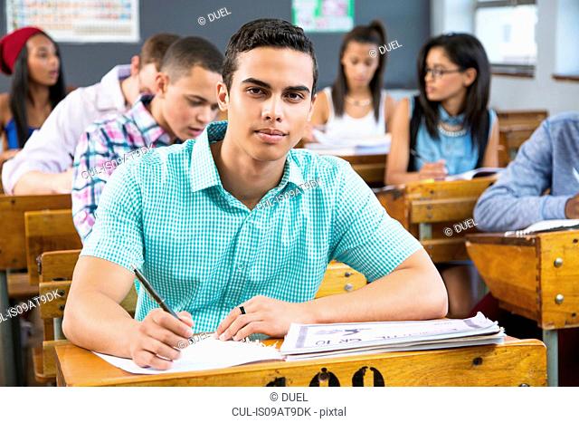 Portrait of male student, sitting at desk in classroom