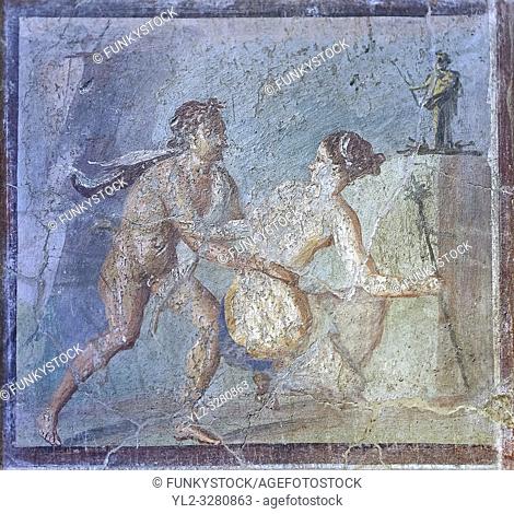 Satyr surprising a maiden, a Roman erotic fresco painting from Pompeii, 50-79 AD , inv no 27693 , Secret Museum or Secret Cabinet