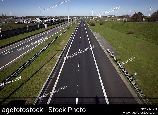 Illustration picture shows the empty E19 highway at the border in Meer-Hoogstraten at the closed border crossings between Belgium and The Netherlands