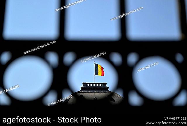 Illustration picture shows the Belgian flag during the renovation works at the Royal Palace in Brussels, Tuesday 13 June 2023