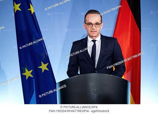 04 February 2019, Berlin: Heiko Maas (SPD), Foreign Minister of Germany, comments on the current situation in Venezuela at the Federal Foreign Office