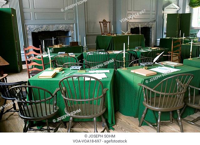 The Assembly Room where Declaration of Independence and U.S. Constitution were signed in Independence Hall, Philadelphia, Pennsylvania