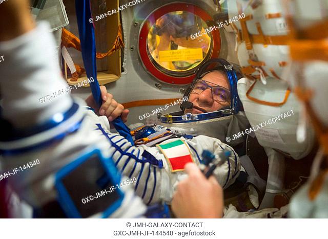 In the Integration Facility at the Baikonur Cosmodrome in Kazakhstan, Expedition 52-53 crewmember Paolo Nespoli of the European Space Agency is seen inside the...