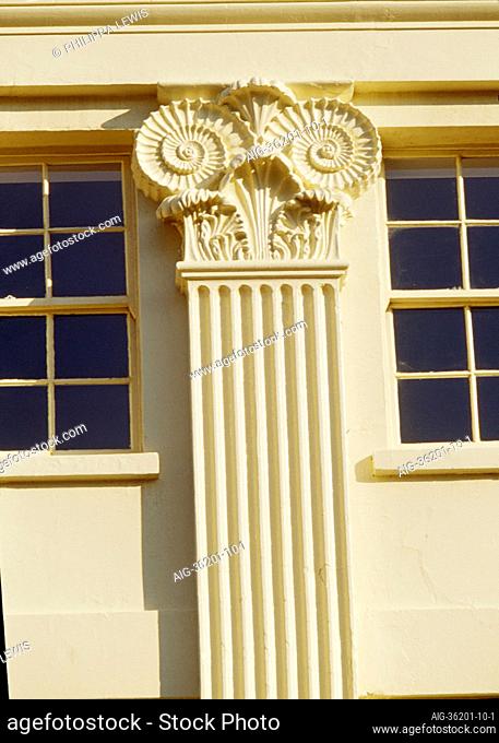Detail of fluted pilaster with ammonite capital on Regency terrace. Oriental Place, Brighton, Sussex. 1825