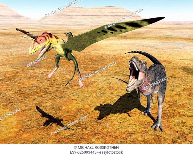 computer generated 3d illustration with the pterosaurs peteinosaurus and the dinosaur tarbosaurus