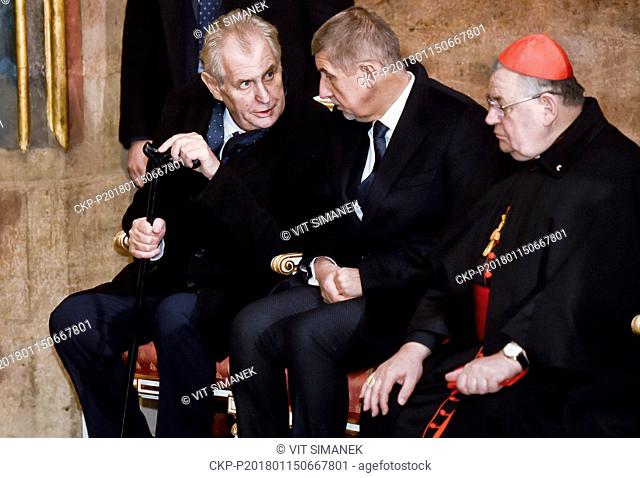 Czech President Milos Zeman (left) and other six key holders unlocked chamber with crown jewels in St. Vitus Cathedral at Prague Castle, Czech Republic