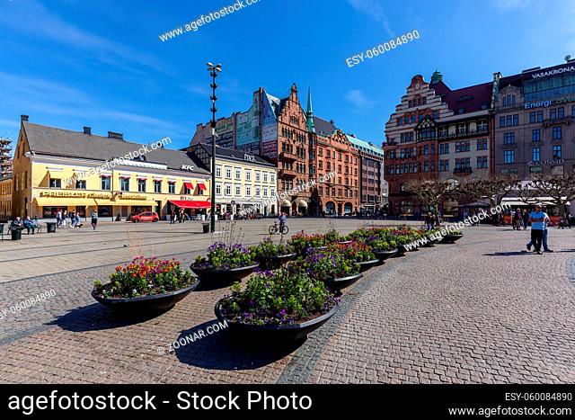 Malmo, Sweden, April 20, 2019: The big square Stortorget in the historic city centre
