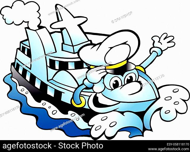 Vector Cartoon illustration of a Happy Cruise Ship Captain Mascot
