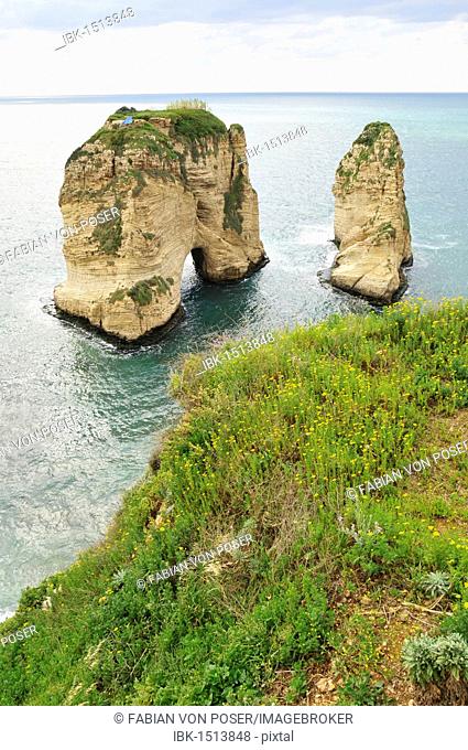 Pigeons Rock, Grotte aux Pigeons, limestone rocks eroded by wind and weather in the Raouche district, Beirut, Lebanon, Middle East, Asia