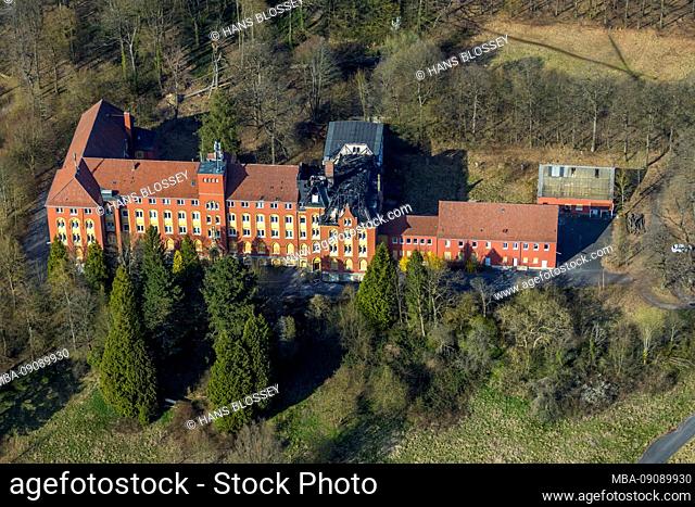 Aerial view of the retirement home 'Klosterberg' with fire damage from the year 2013, Oeventrop, Arnsberg, Sauerland, North Rhine-Westphalia, Germany