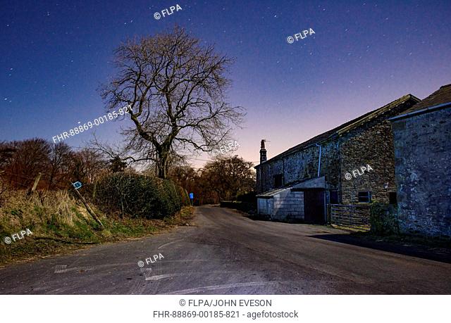 A deserted farmhouse by moonlight on a cold an frosty night, Chipping, Preston, Lancashire