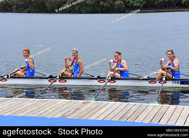 Arianna Passini , Elena Sali , Greta Martinelli , Arianna Noseda of Italy gold medal during World Rowing Cup III. Sabaudia (Italy), June 5th, 2021