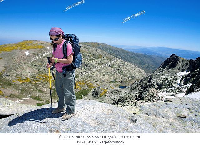 Mountaineer on La ceja summit, between the Biosphere Reserve of Sierra de Béjar and Francia Salamanca and Sierra de Gredos Regional Park Ávila  Castilla y León...