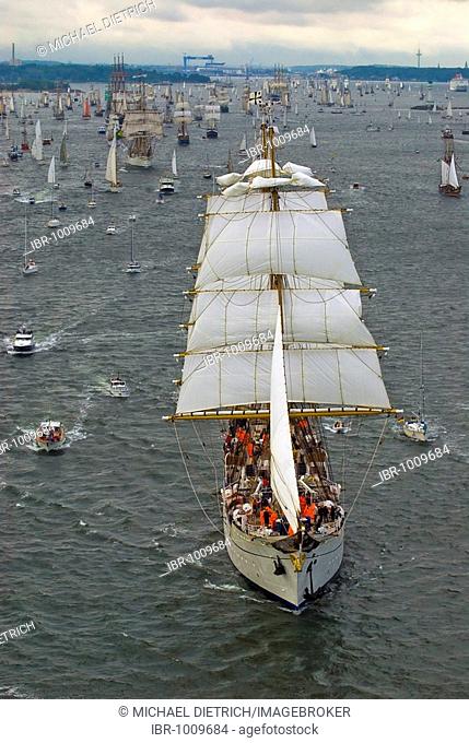 Winderjammer Parade at Kieler Woche 2008 with German sail training vessel and command ship Marine Gorch Fock and further traditional sailing vessels, Kiel Fjord