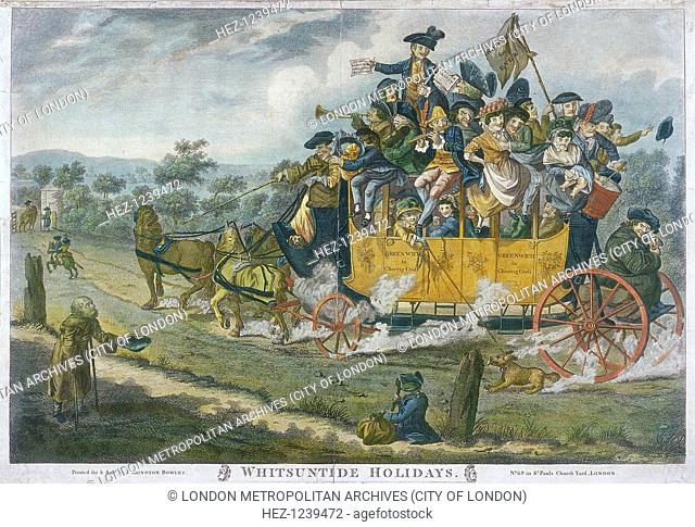 A crowded coach travelling between Greenwich and Charing Cross, London, on the Whitsunday holiday, 1783. A helpless dog is dragged alongside the coach