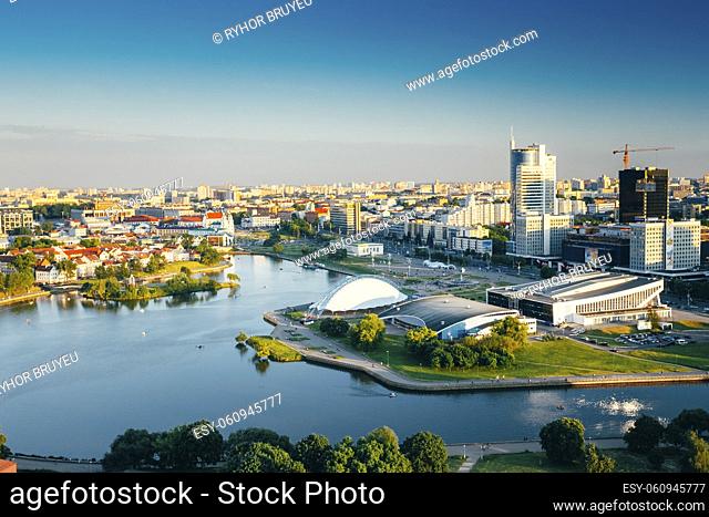 Aerial view, cityscape of Minsk, Belarus. Summer season, sunset time. Nyamiha, Nemiga district