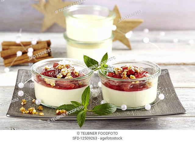 Panna cotta with cinnamon damsons, almond brittle and peppermint in jars
