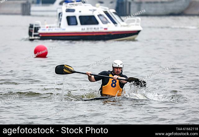 RUSSIA, MOSCOW - SEPTEMBER 2, 2023: An athlete takes part in a canoe polo match during the Goodwill Cup international canoeing and kayaking competition on the...