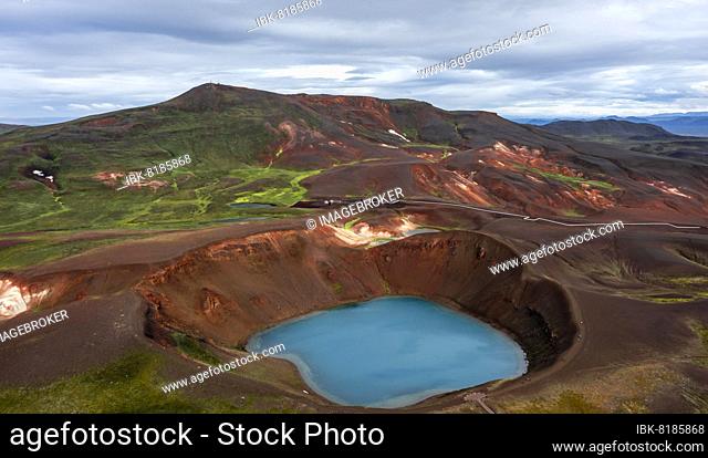 Aerial view of volcanic crater, volcanic lake, crater lake Viti at central volcano Krafla, Myvatn, North Iceland, Iceland, Europe