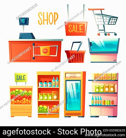 Grocery store equipment, furniture cartoon set isolated on white  background, Stock Photo, Picture And Low Budget Royalty Free Image. Pic.  ESY-055982635 | agefotostock