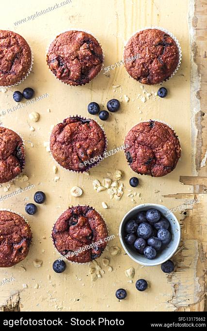 Beetroot muffins with hazelnuts and blueberries