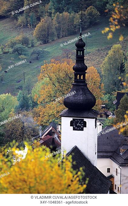 The church tower in pictoresque old mining village Spania dolina in Nizke Tatry