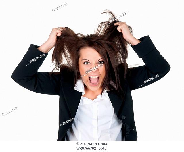 stressed businesswoman ruffles her hair