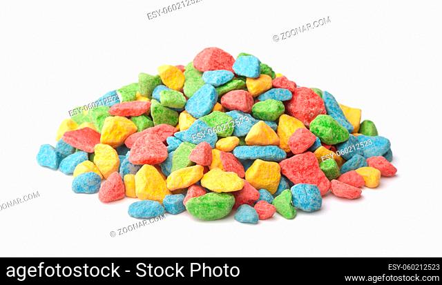Pile of colorful decorative gravel isolated on white