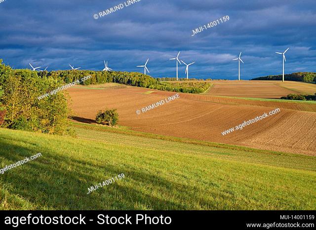 landscape, wind turbines, sunrise, autumn, höhefeld, wertheim, main-tauber-kreis, baden-württemberg, germany