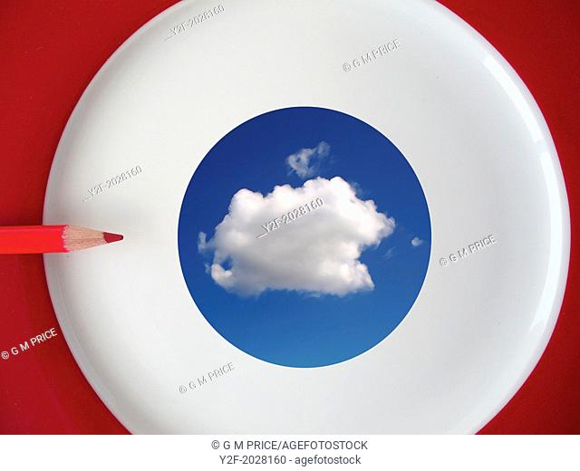 red dinner plate with pencil and cloud looking like an eye