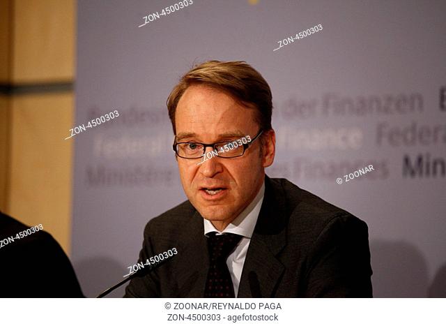 Jens Weidmann, Bundesbankpräsident, looking at the camera.Berlin, 18. Maerz 2013. Pressekonferenz mit Bundesfinanzminister Wolfgang Schäuble und...