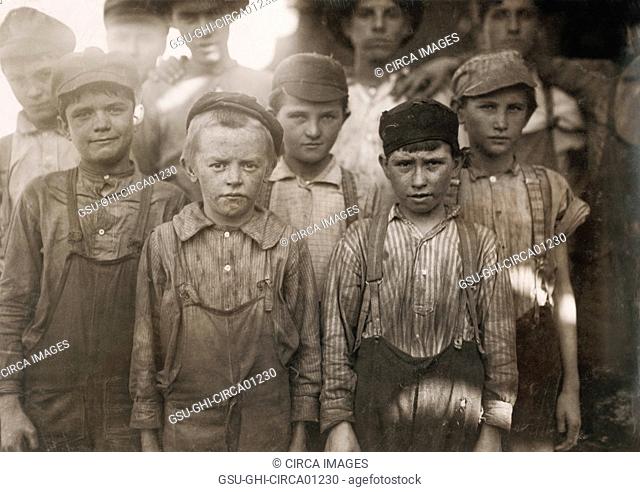 Portrait of a Group of Very Young Boys Working at Avondale Textile Mill, Birmingham, Alabama, USA, circa 1910