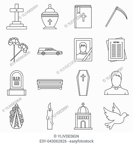 Funeral icons set. Outline illustration of 16 funeral icons for web