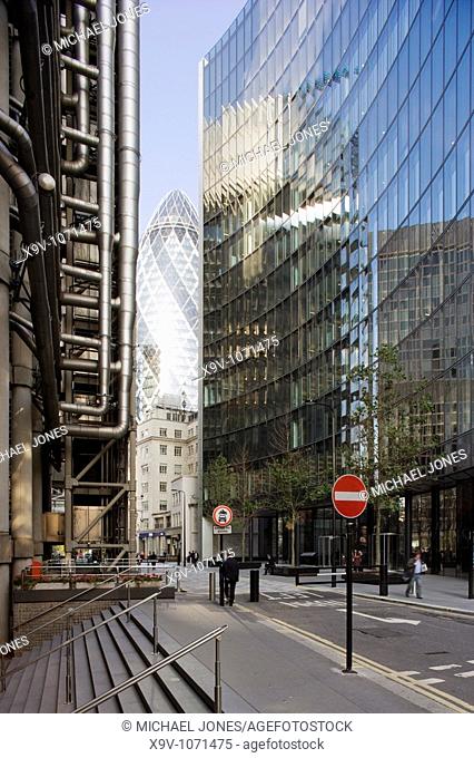 Lloyds Building, and 30 St Mary Axe, Gherkin, Swiss Re, City of London, England