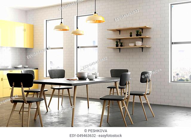 Modern yellow kitchen interior with furniture and appliances. Style and design concept. 3D Rendering