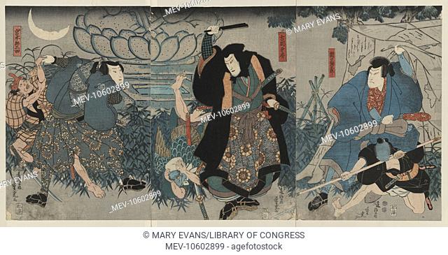 Actors in the roles of the warriors Sekiguchi Yataro, Yoshioka Kanefusa, and Miyamoto Musashi. Date 1848 and 1854