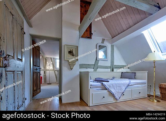 Photo reportage with text, Obere Gasse No 7, homestory, wooden door old, look into, bedroom, renovation, interior, Rothenfels, Main Spessart, Franconia, Bavaria