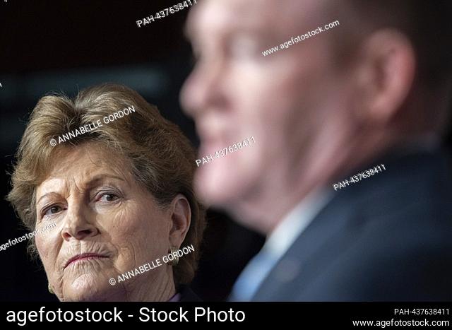 United States Senator Jeanne Shaheen (Democrat of New Hampshire) at a press conference with United States Senator Debbie Stabenow (Democrat of Michigan)