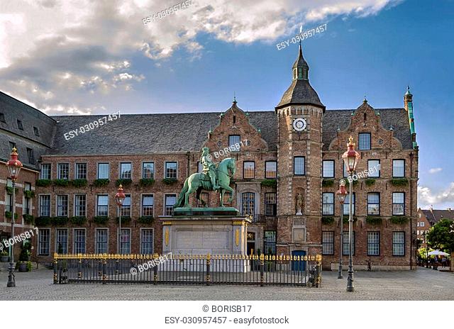 city hall of Dusseldorf (Rathaus) with Jan Wellem Equestrian Statue, Germany