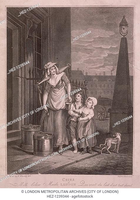 'Milk below Maids'. A milk seller handing a cupful of milk to a boy and girl on a London street, with a dog walking past and a lamp on the right