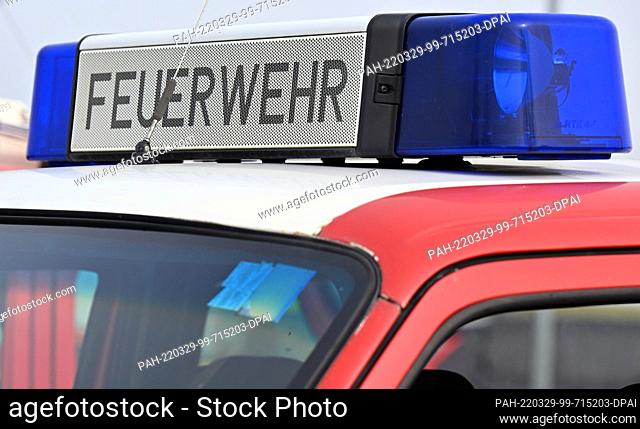 29 March 2022, Thuringia, Erfurt: ""Fire department"" is written on a vehicle at Erfurt-Weimar Airport.The mobile airport fire simulator from ARFF Services GmbH...
