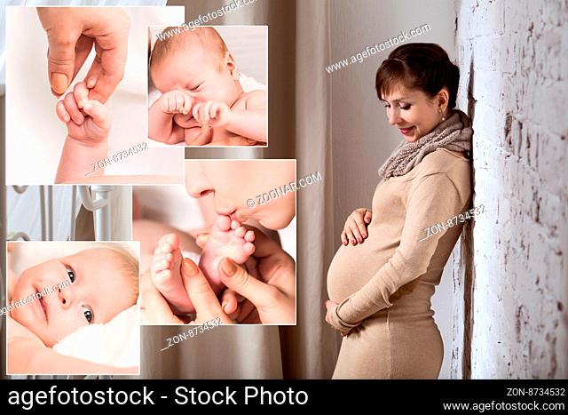 Baby collage and happy pregnant woman waiting newborn
