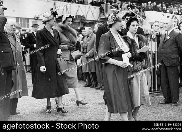 France Wins The Derby -- T.R.H. Princess Elizabeth and Princess Margaret (right) and the Duchess of Kent and Princess Royal arriving on the course