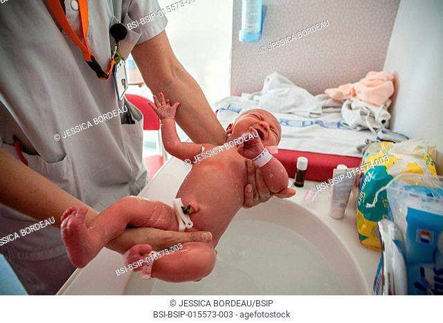 Reportage on postpartum care in the maternity clinic in Chambéry, France. Newborn babies receive their first postnatal care