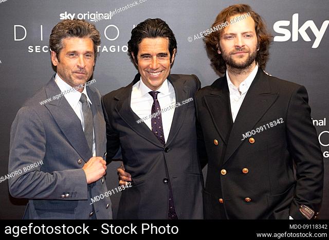 American actor Patrick Dempsey, Guido Maria Brera, creative producer and author of the series, and the Italian actor Alessandro Borghi on the red carpet for the...