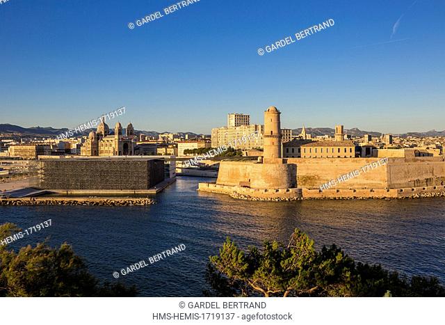 France, Bouches du Rhone, Marseille, the pier J4, MuCEM (Museum of Civilization in Europe and the Mediterranean) by the architect Rudy Ricciotti from Fort St...
