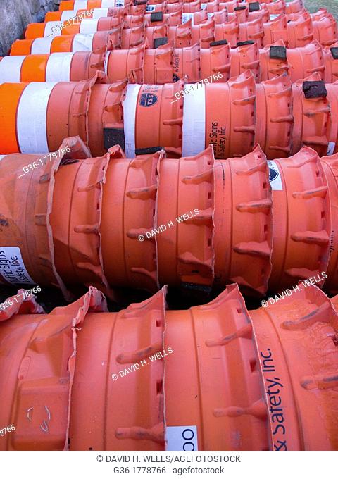 Stacks of orange constuction-barrels in Providence, Rhode Island, United States